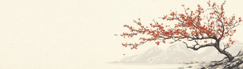 Serene Autumn Landscape with Vibrant Red Cherry Blossom Tree