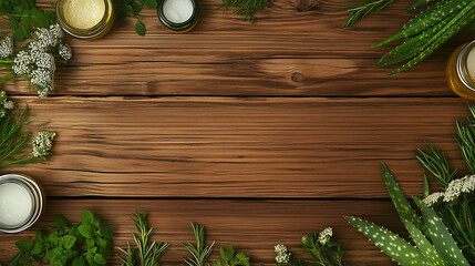 A wooden background decorated with fresh herbs, aloe leaves, and natural cosmetic products in jars, creating an eco-friendly atmosphere of natural care.

