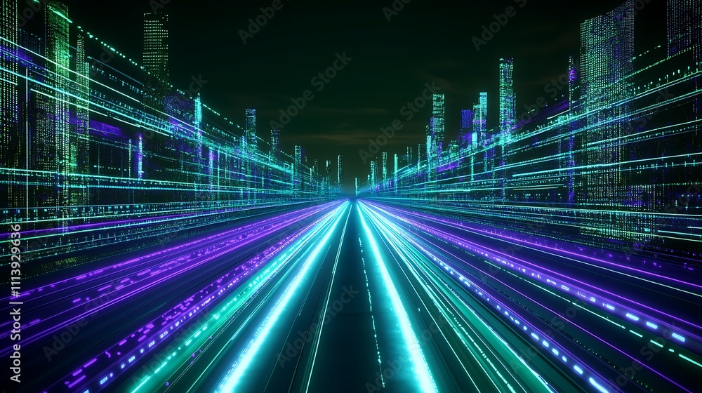 Poster futuristic cityscape with neon lights and dynamic visual effects representing speed and technology