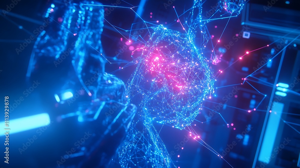 Poster futuristic concept of a human-like robot surrounded by digital particles and glowing connections in 