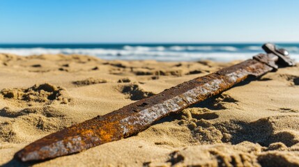 Ancient harpoon resting on sandy beach, partially buried with weathered wooden handle and rusted metal tip, evoking historical maritime heritage and archaeological significance.
