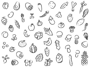 筆書き野菜果物キノコのアイコンセット