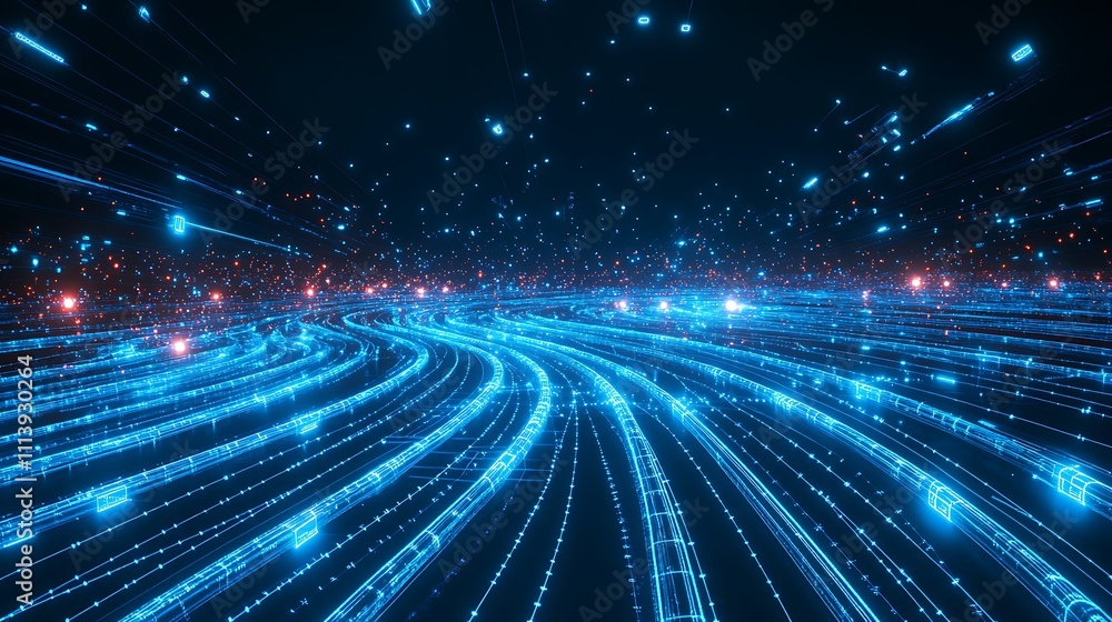 Aufkleber futuristic data stream flowing through space with vibrant blue lights and dynamic motion effects