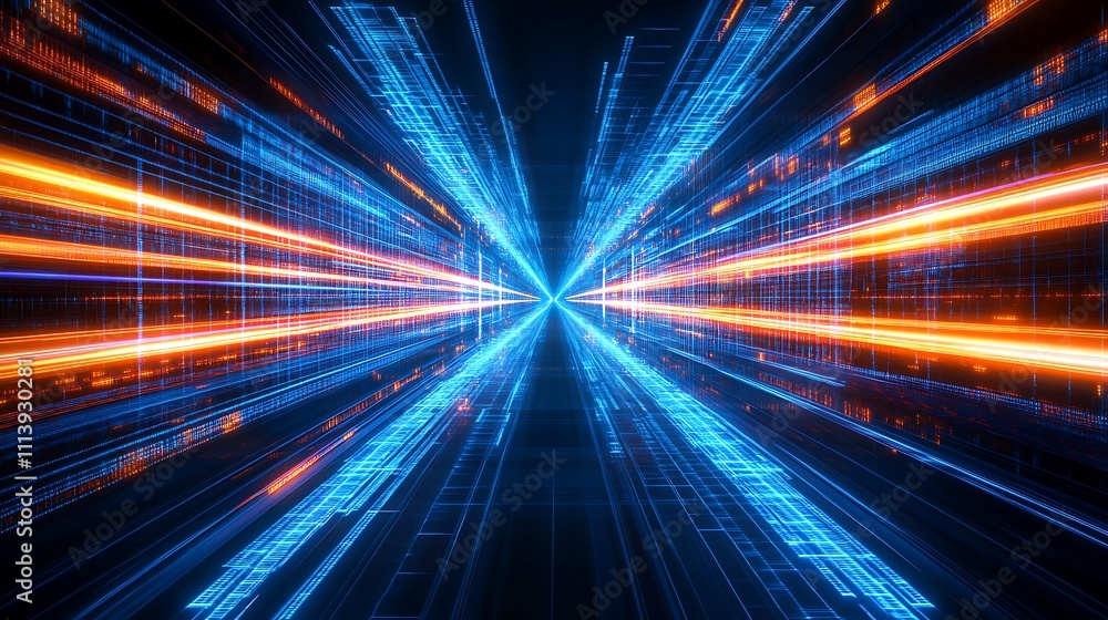 Poster futuristic data stream imagery with neon light effects in digital space and high-tech visuals
