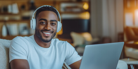 Naklejka premium Smiling african american employee working on laptop and listening music in headphones, at home