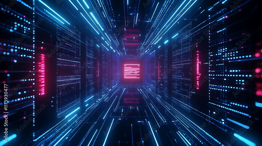 Poster futuristic data tunnel visualization with vibrant light trails in blue and red hues creating a digit