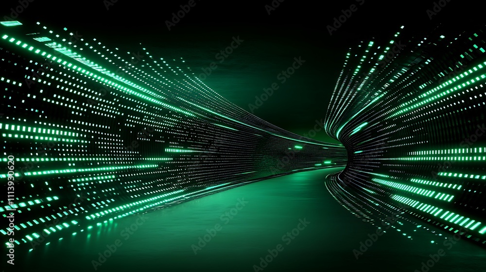 Poster futuristic digital abstract background with glowing green lights and dynamic motion effect in dark s