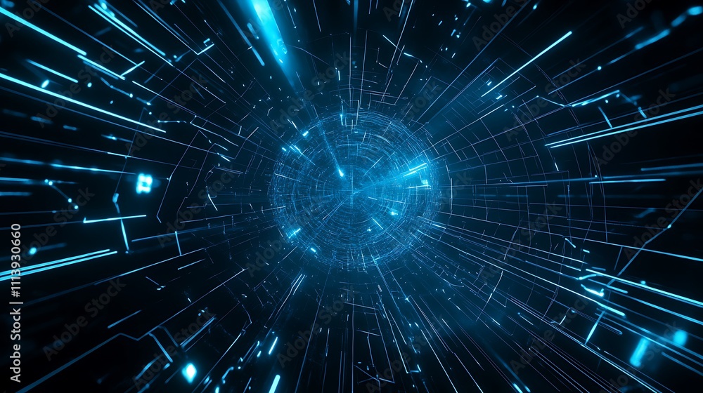 Poster futuristic digital abstract background with light trails and glowing particles in deep space environ