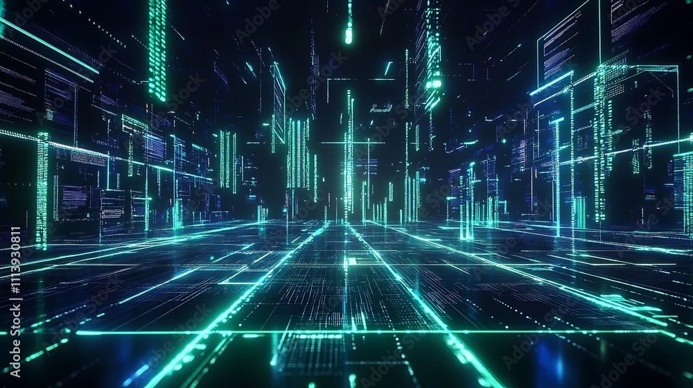 Poster futuristic digital abstract landscape with neon lights and data streams in a high-tech environment
