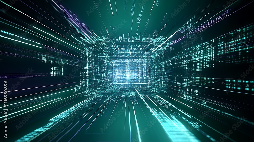 Poster futuristic digital abstract tunnel with neon lights and data flowing through a virtual space