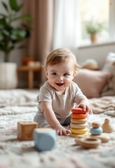 Happy baby girl playing with colorful wooden toys on carpet at home