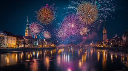 Fototapeta premium happy newyear festival backdrop around the world, Vibrant New Year's Eve Fireworks Over City Skyline, fireworks background