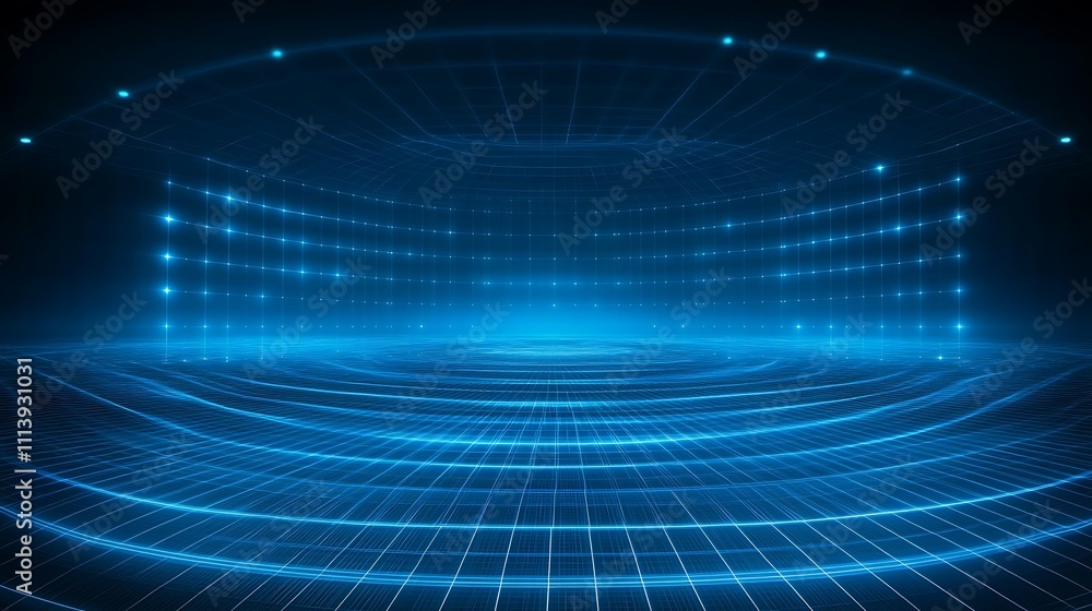 Poster futuristic digital background with glowing lines and grids in blue light for high-tech presentations