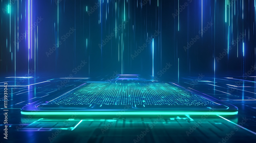 Poster futuristic digital background with neon lights and abstract data flow on technological surface