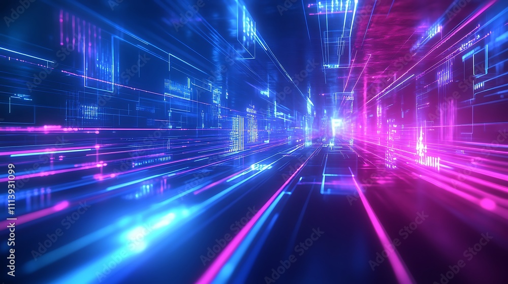Poster futuristic digital background with neon lights and data flow for technology and cybersecurity concep