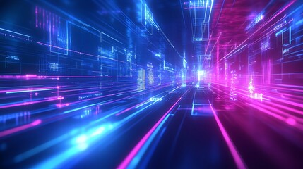 Futuristic Digital Background with Neon Lights and Data Flow for Technology and Cybersecurity Concepts