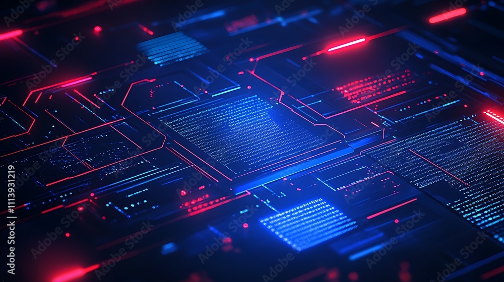 Aufkleber futuristic digital circuit board with neon lights and glowing elements for technology and science co