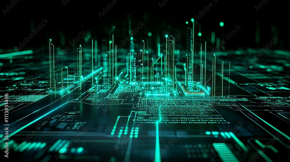 Aufkleber futuristic digital cityscape with neon lights and high-tech circuit patterns in a dark background