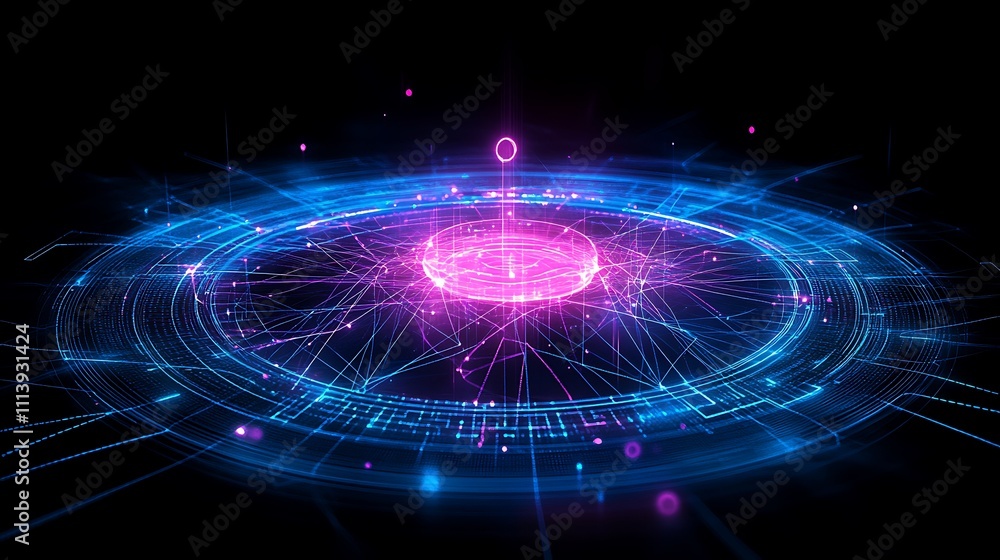 Poster futuristic digital communication network with vibrant circles and bright lines in dark background