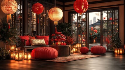 Cozy Chinese living room decorated for Lunar New Year with lanterns, cushions, and candles.