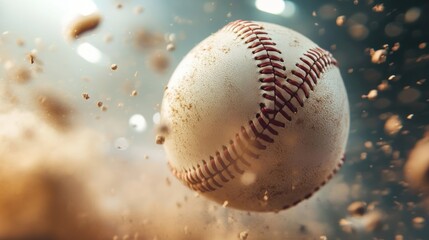A close-up of a baseball in motion, surrounded by flying dirt particles.