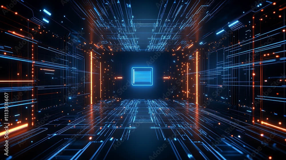 Poster futuristic digital corridor with glowing data streams and bright led lights in a cyber environment
