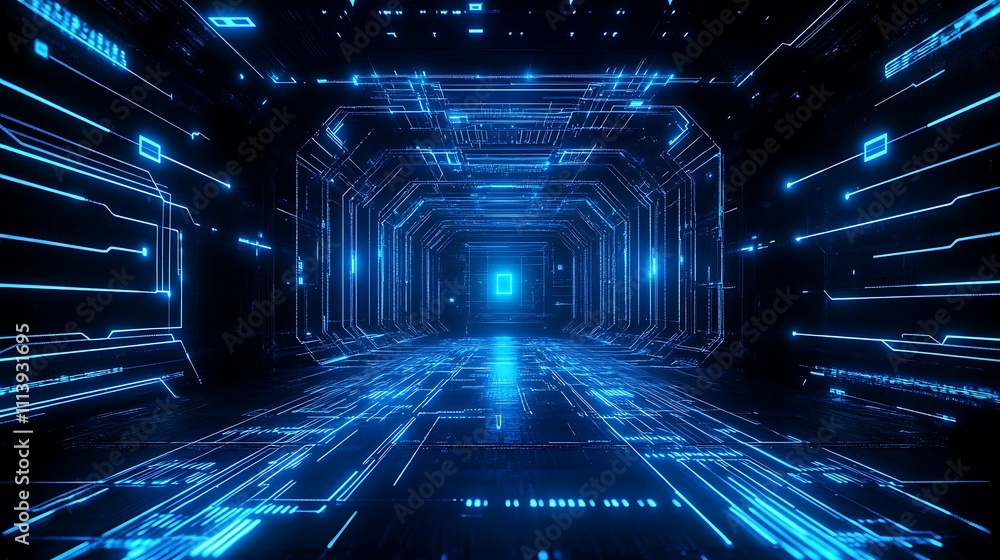 Aufkleber futuristic digital corridor with neon blue lines and circuits creating a high-tech sci-fi environmen
