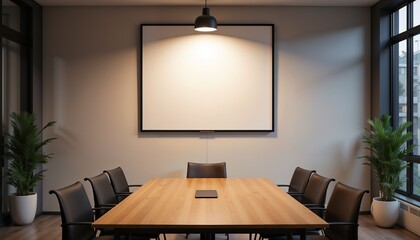 Empty conference room with wooden table and chairs, bright lighting, and copy space for presentation
