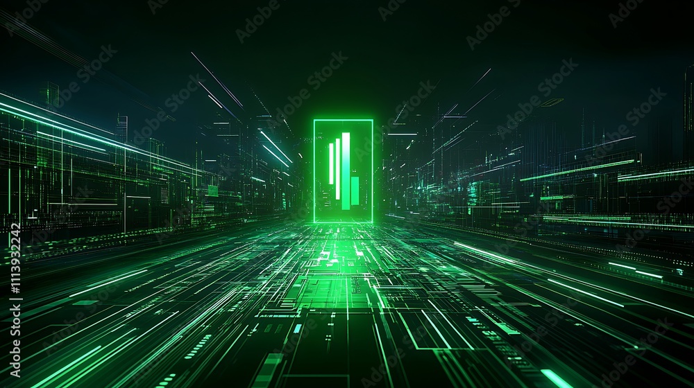 Poster futuristic digital environment with green light and abstract data visualization in a technology land