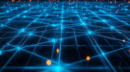 Obraz premium Futuristic Digital Grid with Glowing Blue Nodes and Lines Creating a Network Connectivity Concept