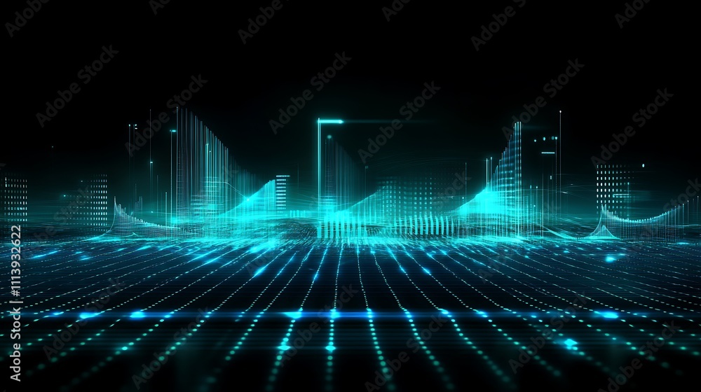Poster futuristic digital landscape with abstract light wave patterns and glowing grid in dark environment