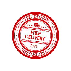 Free delivery grunge red round rubber stamp with truck icon