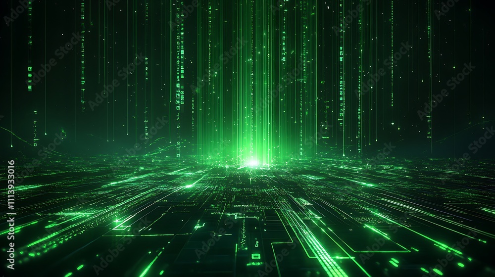 Poster Futuristic Digital Landscape with Bright Green Light and Flowing Data Streams in a Technology Environment