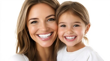 Mother and daughter are smiling, showing their perfect white teeth