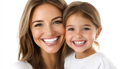 Mother and daughter are smiling, showing their perfect white teeth