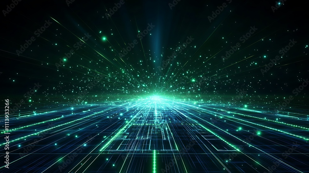 Poster futuristic digital landscape with bright particles and lines in a dark space environment