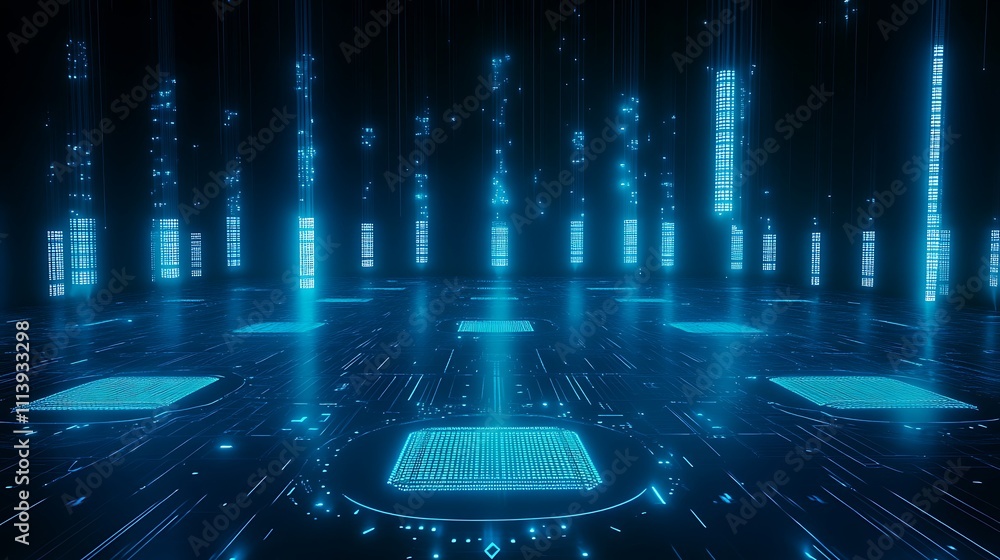 Poster futuristic digital landscape with circuit patterns and glowing elements in a high-tech environment