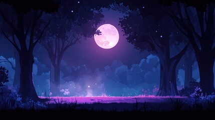 Enchanting full moon night in a mystical forest.
