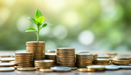 Nurturing Growth Close-Up of Young Plant Emerging from Coins for Financial Prosperity