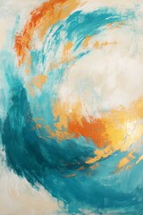 Naklejka premium Vibrant Abstract Wave Painting in Teal, Orange, and Gold - Modern Art for Home Decor and Creative Spaces