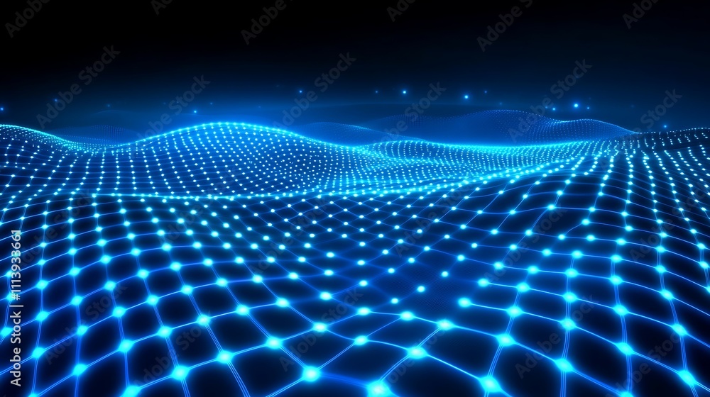 Poster futuristic digital landscape with glowing blue nodes and wavy grid patterns in a dark background