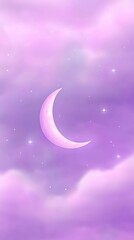 Crescent moon and stars in purple sky.
