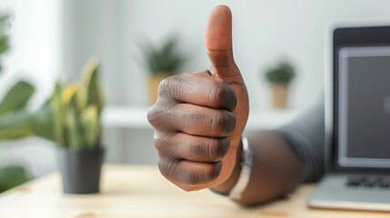Approval, positivity, and collaboration in a contemporary work environment success, teamwork, innovation in workspace. African American hand giving a thumbs-up gesture in a modern coworking space. 