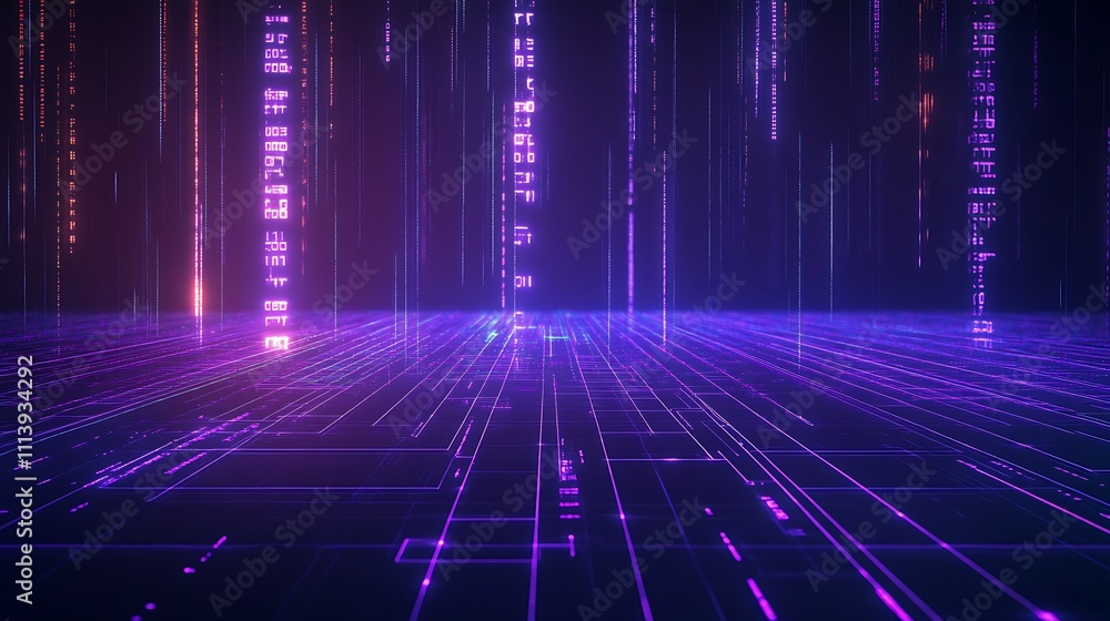 Aufkleber futuristic digital landscape with glowing lines and code streams in violet and blue color palette