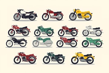 Obraz premium Ground vehicles. Transport modern motorbike with power engine. Different types of modern motorcycles: sports, tourist, classic, off-road. Vector illustration isolated on white background. 