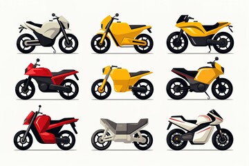 Ground vehicles. Transport modern motorbike with power engine. Different types of modern motorcycles: sports, tourist, classic, off-road. Vector illustration isolated on white background.
