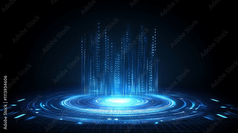 Poster futuristic digital landscape with glowing lines and points emitting from a central circular core in 