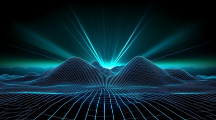 Futuristic Digital Landscape with Glowing Lines and Radiant Light Rays Emerging from Geometric Mountains