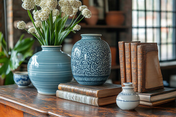 Blue vases flowers books and antique wooden table setting