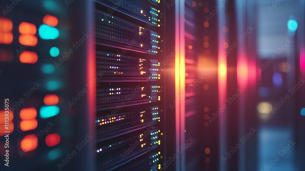 Aufkleber a close-up of server racks in a data center, lit with colorful lights.